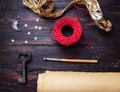 Decoration elements for craft on old wooden table.