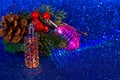 Decoration of flashing Christmas lights, holly berries and cones. Sparkling blue background. Free space for an inscription