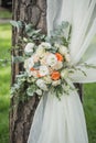 Decoration of flowers and fabrics of a wedding arch Royalty Free Stock Photo