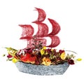 Decoration flowers ship with crimson sails Royalty Free Stock Photo