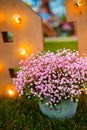 Decoration of the garden, summer terrace. A ceramic flower pot with pink flowers stands on green grass. Yellow lamps in the backgr Royalty Free Stock Photo