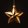 Decoration of golden glass star isolsted on black background. Five-pointed star toy for Christmas tree