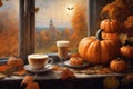 decoration for halloween holiday, a cup of hot latte and pumpkins on a windowsill, beautiful autumn landscape outside the