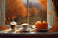 decoration for halloween holiday, a cup of hot latte and pumpkins on a windowsill, beautiful autumn landscape outside the