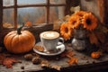 decoration for halloween holiday, a cup of hot latte and pumpkins on a windowsill, beautiful autumn landscape outside the