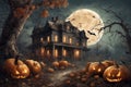 decoration for halloween holiday, old house in mystical forest, around pumpkins and bats, big full moon, scary and fabulous, dark Royalty Free Stock Photo