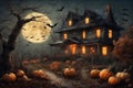 decoration for halloween holiday, old house in mystical forest, around pumpkins and bats, big full moon, scary and fabulous Royalty Free Stock Photo