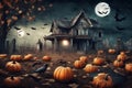 decoration for halloween holiday, old house in mystical forest, around pumpkins, bats and raven, big full moon, scary and fabulous Royalty Free Stock Photo