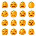 Decoration halloween jack o lantern pumpkin scary faces smile emoji icons set isolated cartoon design vector