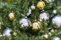 Decoration hanging from a christmas tree. Gold and silver balls hanging on the green Christmas tree closeup. Royalty Free Stock Photo