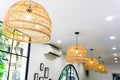 Decoration lantern lamps hanging in ceiling made from bamboo at a coffee shop in Vietnam  Description: Decoration lantern lamps h Royalty Free Stock Photo
