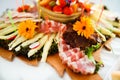 Decoration of meat and cheese on plate