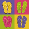 Graphic background with four pairs of flip flops of different colors