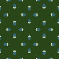 Decoration nature seamless pattern with blue acorn scandi print. Green dark background