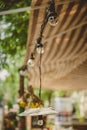 Decoration, outdoor retro vintage string lights hanging in a line. Lighting decor. Royalty Free Stock Photo