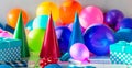 Decoration party background Birthday background colorful balloons confetti gift birthday hat