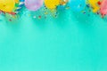 Decoration party. Balloons and various party decorations copy space top view Royalty Free Stock Photo