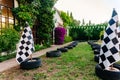 Decoration pennants with black and white squares like the flag of a car racing commissar