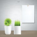 Decoration plants and white poster paper on vintage brick wall background. Vector Royalty Free Stock Photo