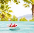 Decoration of red hot chili pepper on blue wodden board on blurred beach background. Set,copy space,mock up. Cayenne on white plat Royalty Free Stock Photo