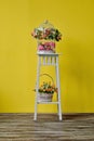 Decoration of the room with birdcage and basket with frlowers on white wood chair near yellow wall background. Royalty Free Stock Photo