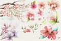 decoration Spring flower set Watercolor cherry background