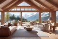 Design of an eco-friendly living room with a fireplace made of wood with mountain views, a plot of real estate in the mountains, Royalty Free Stock Photo