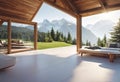 Design of an eco-friendly living room with a fireplace made of wood with mountain views, a plot of real estate in the mountains, Royalty Free Stock Photo