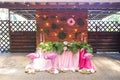 Decoration for a wedding ceremony on a back yard with tables, pl