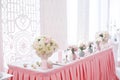 Decoration of wedding table with tender pink textile Royalty Free Stock Photo