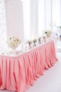 Decoration of wedding table with tender pink textile Royalty Free Stock Photo