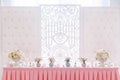 Decoration of wedding table with tender pink textile Royalty Free Stock Photo