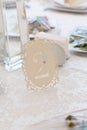 Decoration of wedding table with tender white textile. Royalty Free Stock Photo