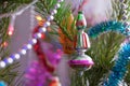 Decoration whirligig with beads on spruce at christmas closeup Royalty Free Stock Photo