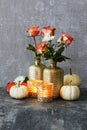 Decoration with white pumpkins baby boo, roses and dahlias