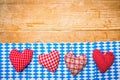 Decoration wooden background with blue and white napkins and hearts Royalty Free Stock Photo