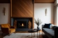 decoration with wooden panel in the living room, armchair and table set by the fireplace, copy space