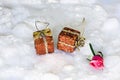 Christmas gifts and a roseÃ¢â¬â¢s bud on the ice. Conceptual for leaving each other. Royalty Free Stock Photo