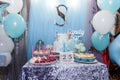 Decorations and candy bar with cake and cupcakes for winter birthday. Frozen cartoon character thematic party
