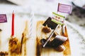 Decorations on a chocolate birthday cake