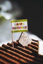 Decorations on a chocolate birthday cake