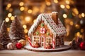 Decorations on a Christmas gingerbread house include royal icing, candy canes, and gumdrops Royalty Free Stock Photo