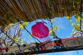 Decorations inside a Jewish family Sukkah