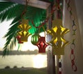 Decorations inside a Sukkah during the Jewish holiday celebration