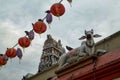 decorations in little india street with high part of sri srinivasa perumal temple in Singapore