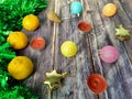 Decorations. New Year decoration. Green rain, Christmas balls, stars and gifts. Good New Year mood