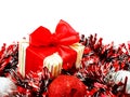 decorations with red and white tinsel chistmas background