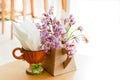 Decorations of Tiny gypso purple flowers in vase and napkin in cup