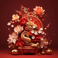 Decorations to celebrate Chinese new year: dragon and red flowers on red background. Chinese New Year celebrations Royalty Free Stock Photo