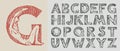 Decorative alphabet in ancient style. Yoga and letters. Indian monk man in various poses. Old Font for labels. Vintage